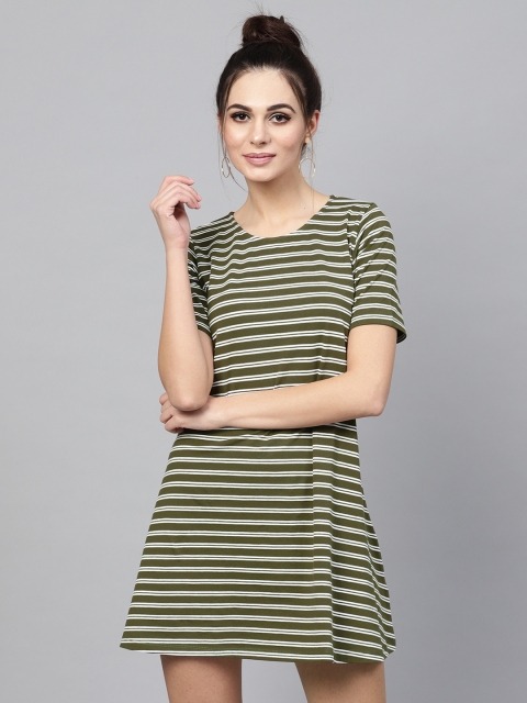 

SASSAFRAS Women Olive Green & White Striped T-shirt Dress