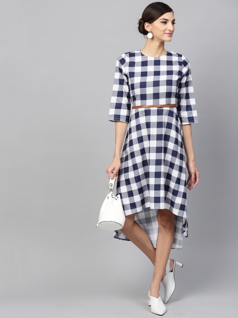 

SASSAFRAS Women White & Navy Blue Checked A-Line Dress
