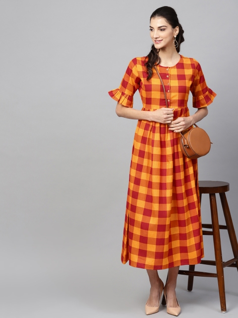 

SASSAFRAS Women Yellow & Maroon Checked Maxi Dress