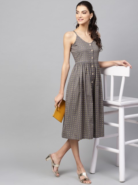

SASSAFRAS Women Grey & Yellow Printed Midi Fit & Flare Dress