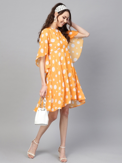 

SASSAFRAS Women Yellow & White Polka Dot Print Empire Dress