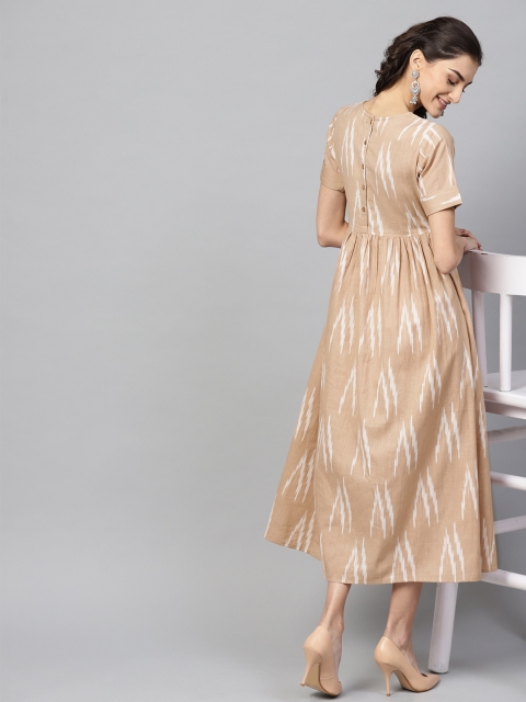 

SASSAFRAS Women Beige & White Printed Midi Empire Dress