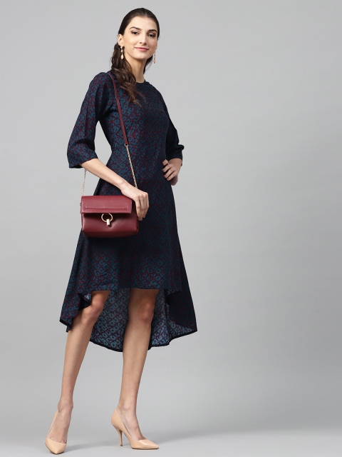 

SASSAFRAS Women Navy & Maroon Printed A-Line Dress, Navy blue