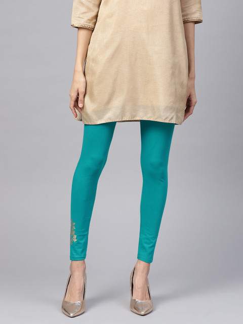 

PINKSKY Women Teal Blue Foil Print Detail Ankle-Length Leggings