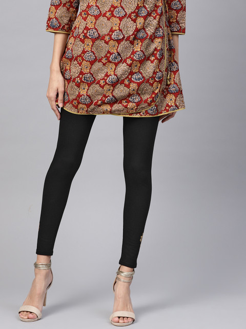 

PINKSKY Women Black Foil Print Detail Ankle-Length Leggings