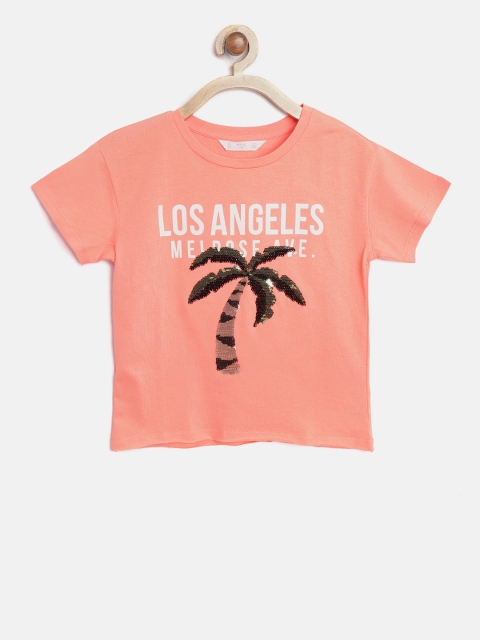 

Mango Kids Girls Coral Pink Printed Round Neck T-shirt with Mermaid Sequin Detail
