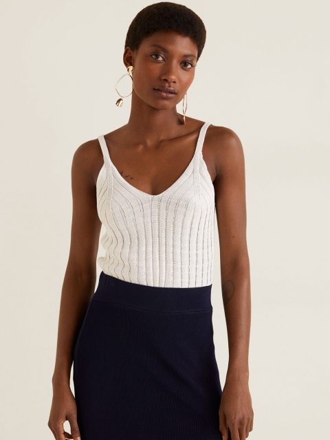 

MANGO Women White Ribbed Top