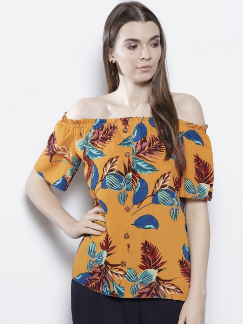 

DOROTHY PERKINS Women Mustard Yellow & Blue Printed Bardot Top