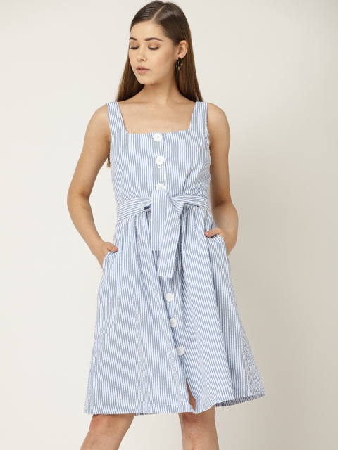 

MANGO Women Blue & White Striped A-Line Dress