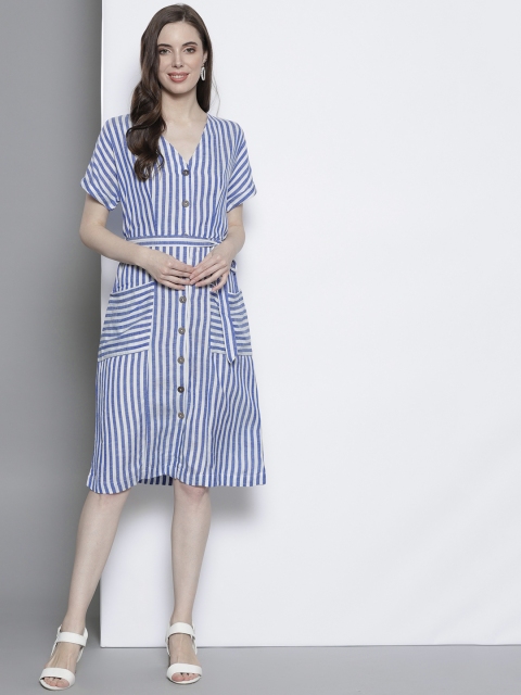 

DOROTHY PERKINS Women White & Blue Striped A-Line Dress