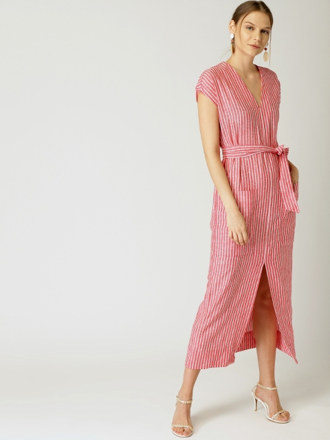

MANGO Women Red & White Striped Midi A-Line Dress