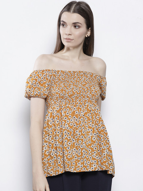 

DOROTHY PERKINS Women Mustard Yellow & Off- White Printed Bardot Top