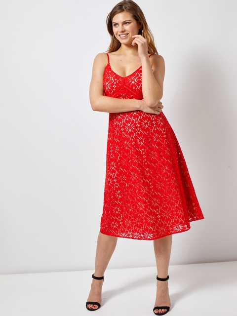 

DOROTHY PERKINS Women Red Lace Midi Fit & Flare Dress