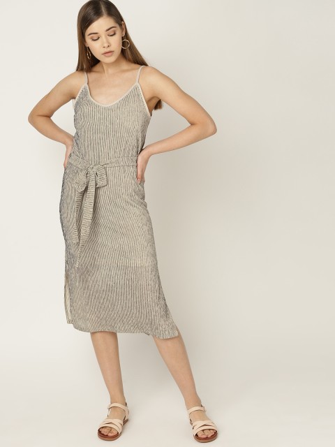 

MANGO Women Beige & Black Striped A-Line Dress