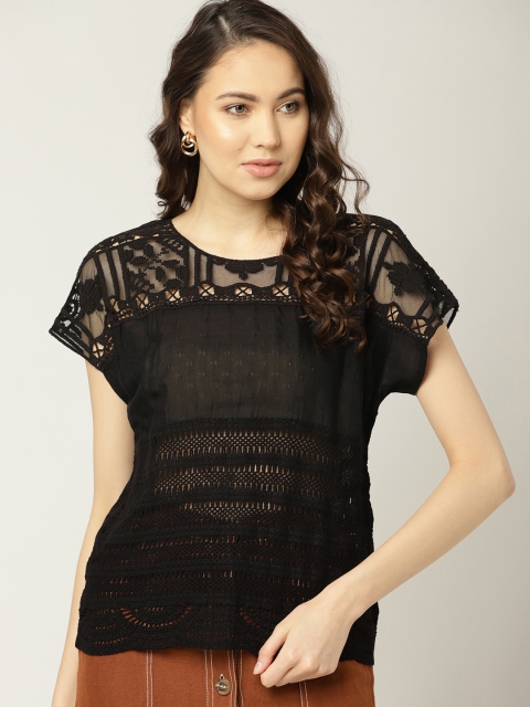 

MANGO Women Black Lace Inserts Semi-Sheer Top