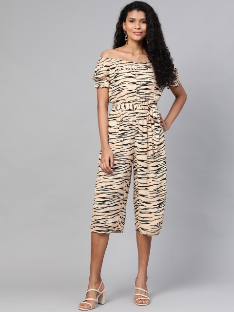 

DOROTHY PERKINS Women Petite Beige & Black Animal Print Off-Shoulder Culotte Jumpsuit