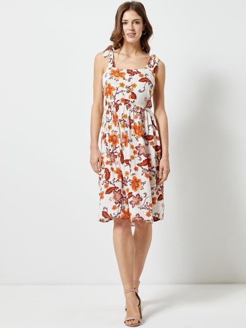 

DOROTHY PERKINS Women White & Rust Orange Printed Fit & Flare Dress
