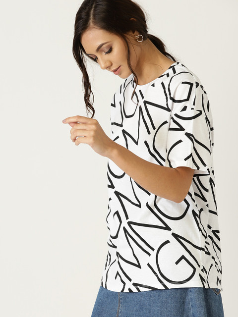 

MANGO Women White & Black Printed Round Neck T-shirt