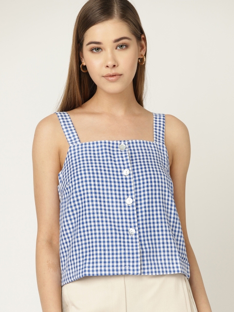 

MANGO Women White & Blue Checked A-Line Top