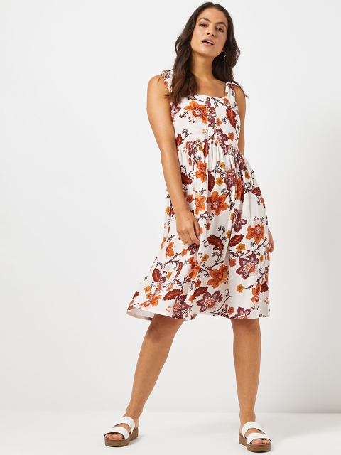 

DOROTHY PERKINS Women Petite Off-White & Rust Orange Printed A-Line Dress