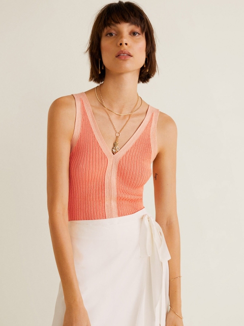 

MANGO Women Coral Pink Ribbed Fitted Top
