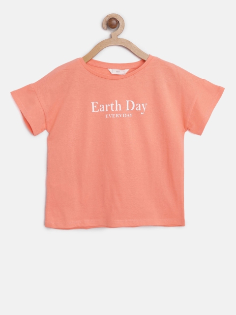 

Mango Kids Girls Coral Pink Solid Round Neck T-shirt with Printed Detail