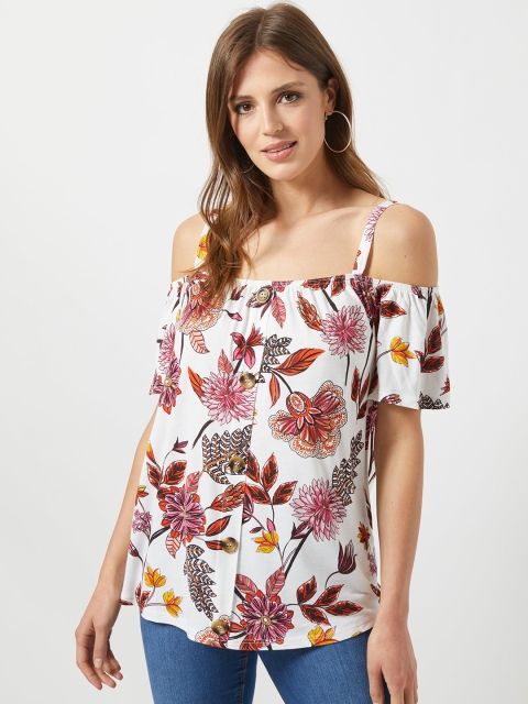 

DOROTHY PERKINS Women White & Pink Printed Bardot Top