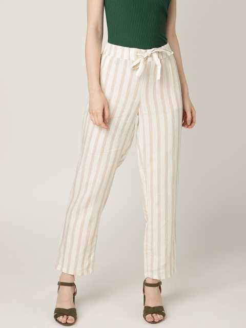 

MANGO Women Off-White & Beige Linen Striped Regular Trousers