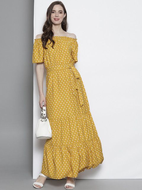 

DOROTHY PERKINS Women Mustard Yellow Off-Shoulder Printed Maxi Dress