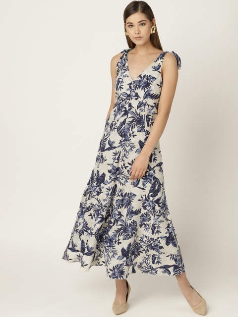 

MANGO Women Off-White & Navy Blue Printed A-Line Dress