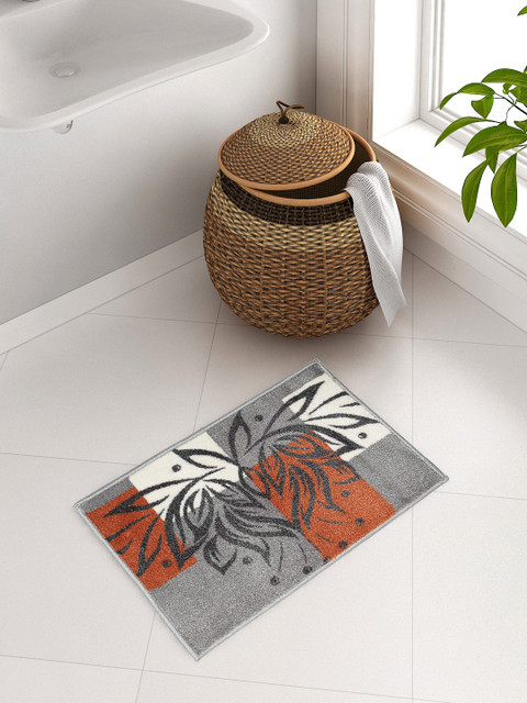 

WELHOME Grey & Rust Orange Floral Print Bath Rug