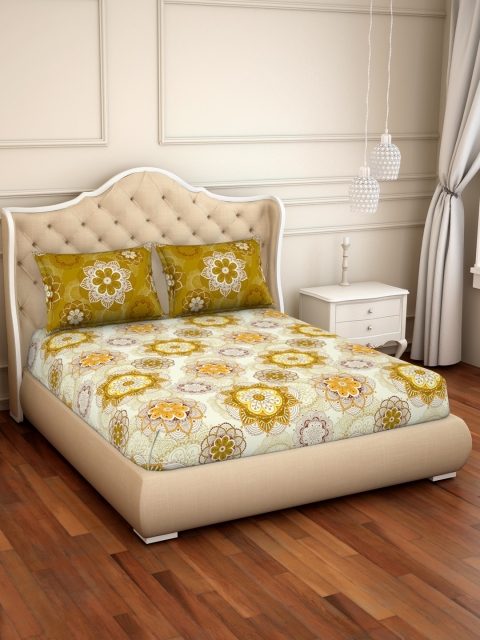 

CORE Designed by SPACES Beige Floral 144 TC Cotton 1 Queen Bedsheet with 2 Pillow Covers