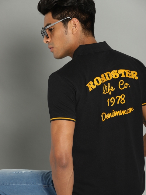 

The Roadster Lifestyle Co Men Black Solid Polo Collar Pure Cotton T-shirt