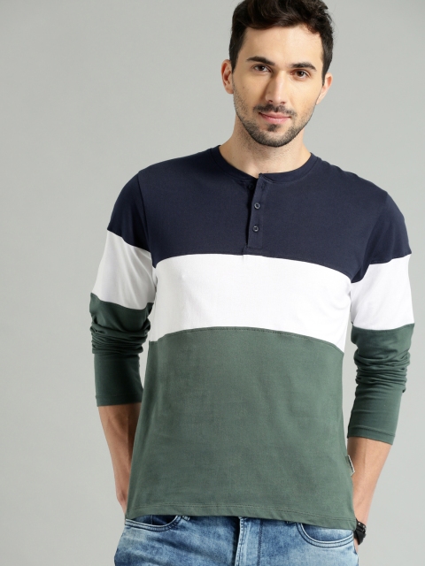 

The Roadster Lifestyle Co Men Olive Green Navy Colourblocked Henley Neck Pure Cotton T-shirt