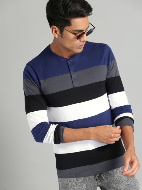 

Roadster Men Navy Blue Striped Mandarin Collar T-shirt