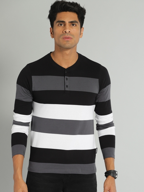 

The Roadster Lifestyle Co Men Black & White Striped Henley Neck T-shirt