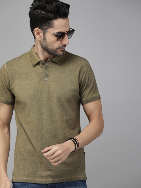 

The Roadster Lifestyle Co Men Olive Green Solid Polo Collar Pure Cotton T-shirt