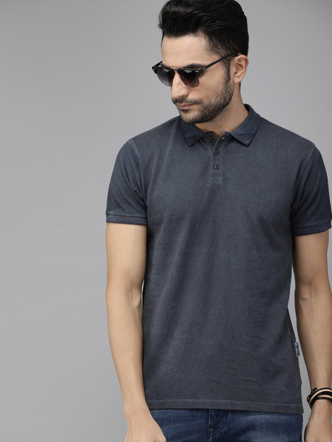 

Roadster Men Navy Blue Vintage Wash Polo Collar T-shirt