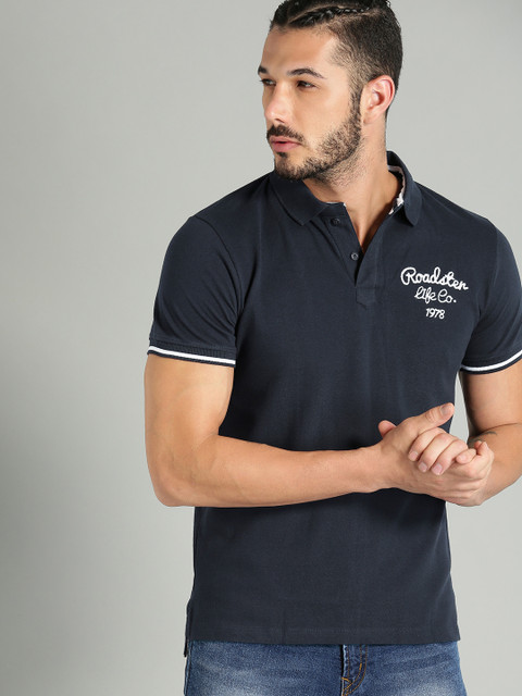 

Roadster Men Navy Blue Solid Embroidered Polo Collar T-shirt