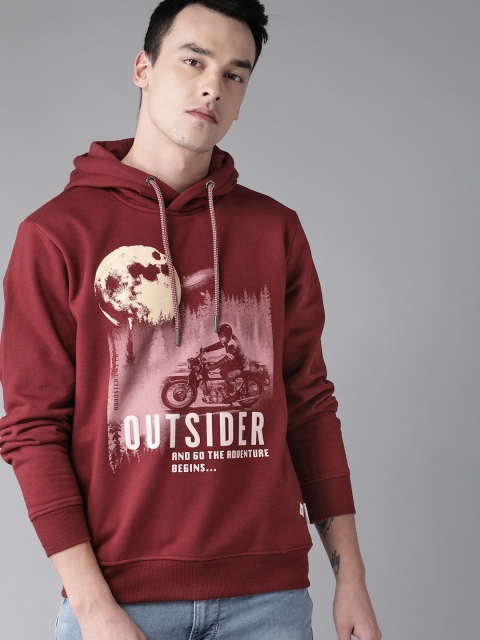 

Roadster Men Maroon & Pink Printed Hooded Sweatshirt