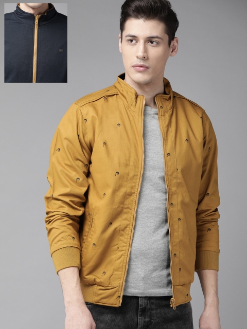 

The Roadster Lifestyle Co Men Mustard Yellow & Navy Blue Printed Reversible Bomber Jacket