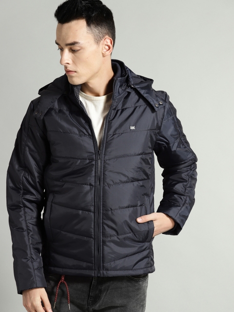 

Roadster Men Navy Blue Solid Padded Jacket with Detachable Hood