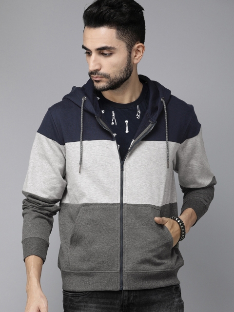 

Roadster Men Navy Blue & Grey Colourblocked Hooded Sweatshirt