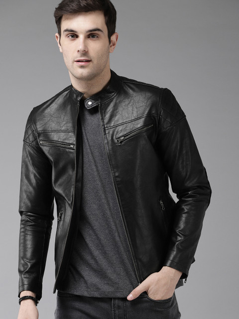 

Roadster Men Black Solid Biker Jacket