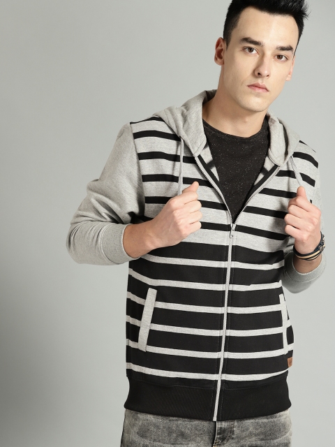 

Roadster Men Black & Grey Melange Striped Hooded Sweatshirt