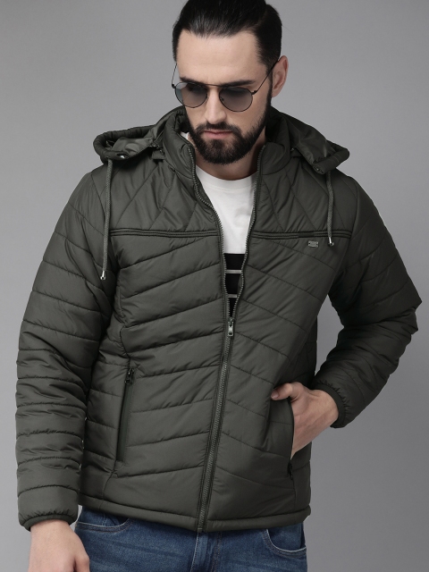 

Roadster Men Olive Green Solid Puffer Jacket