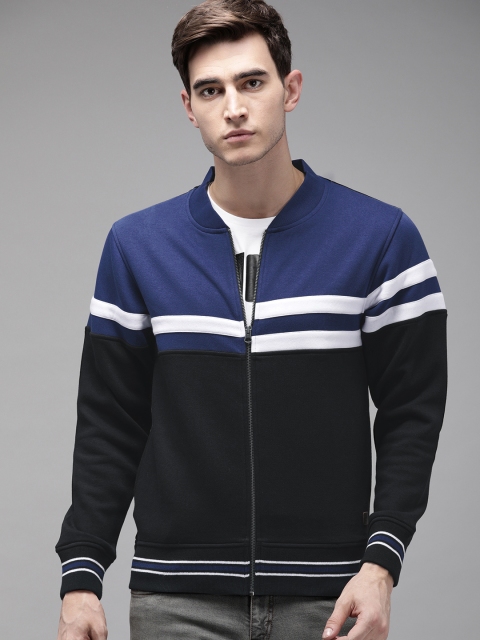 

Roadster Men Black & Navy Blue Colourblocked Front-Open Sweatshirt