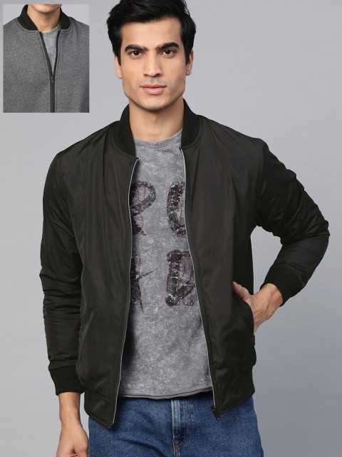 

Roadster Men Black & Charcoal Grey Solid Reversible Bomber Jacket