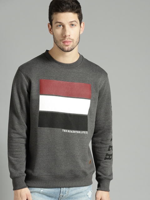 

Roadster Men Charcoal Grey & Maroon Printed Sweatshirt