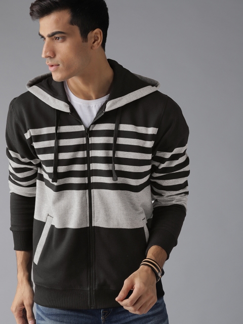 

Roadster Men Black & Grey Striped Hooded Sweatshirt